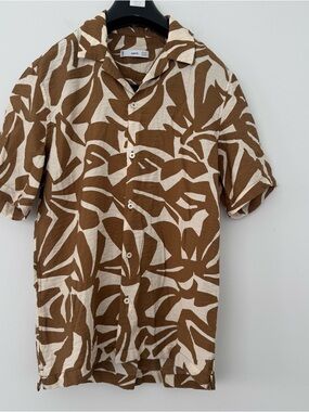 Mango Brown & Cream Short-Sleeve Printed Button-Down Shirt